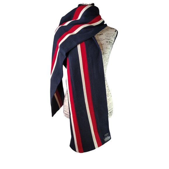 Land's End Direct Merchants 100% Wool Scarf, Red White Navy Blue Stripe Nautical - Picture 1 of 4